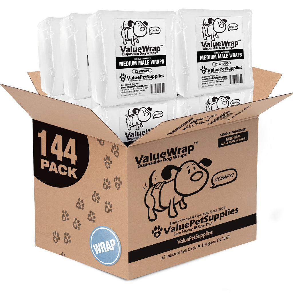 ValueWrap Male Wraps, Disposable Dog Diapers, 1-Tab Medium, 144 Count - Snag-Free Fastener, Leak Protection, Wetness Indicator 